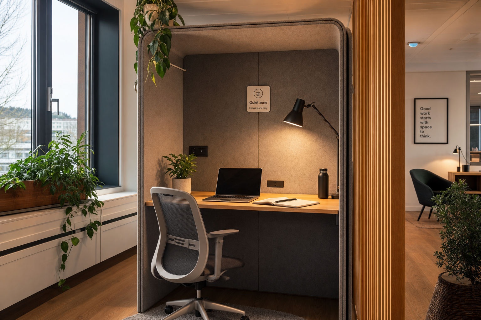 Moderne stiltewerkplek met warme inrichting