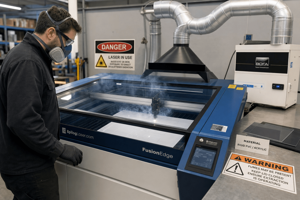 Wat zijn de belangrijkste veiligheids- en gezondheidsrisico’s bij plastic lasersnijden (zoals rookgassen van PVC) en hoe beperk je die in de&nbsp;werkplaats?