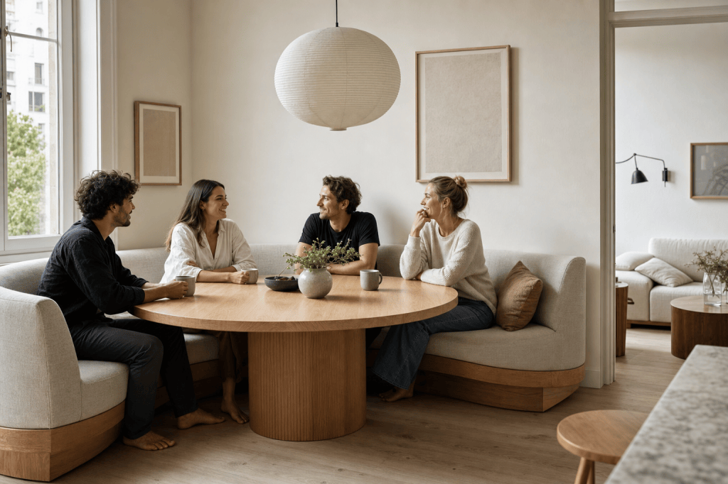 Hoe combineer je een ronde eettafel met een eetkamerbank rond zodat iedereen comfortabel zit en je toch genoeg instapruimte&nbsp;behoudt?